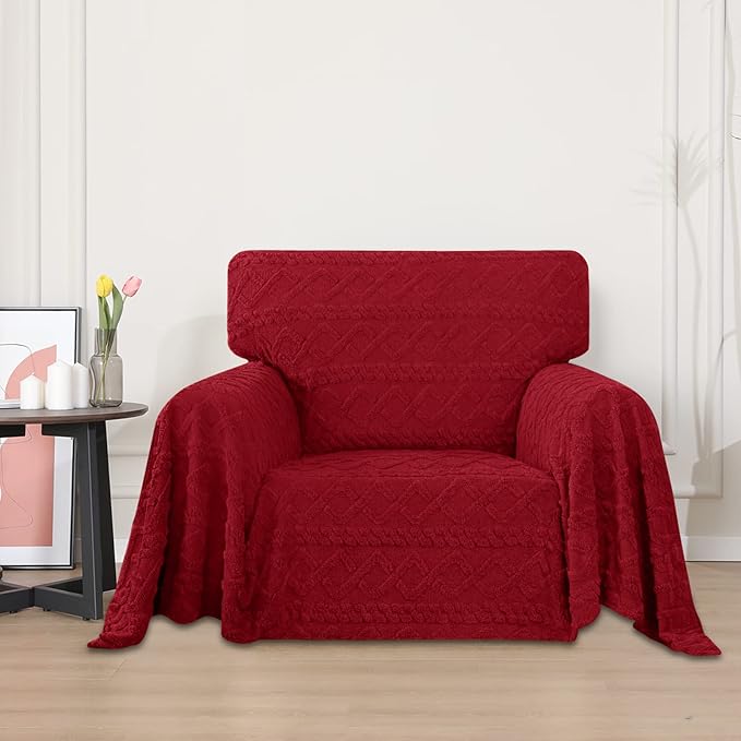 Easy-Going 80X102 inches Chair Sofa Cover, Jacquard Velvet Couch Slipcover for 1 Cushion Couch, L Shape Sectional Covers for Dogs, Washable Sofa Blanket, Furniture Protector for Pets, Christmas Red