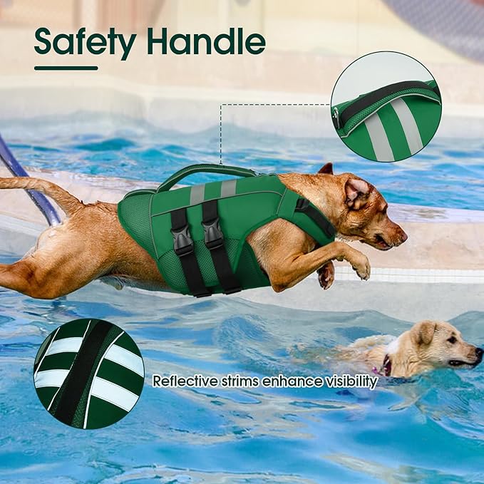 Kuoser XL Dog Life Jacket, Large High Flotation Dog Life Vest for Swimming Boating, Reflective Dog Swimming Vest Pet Life Preserver with Rescue Handle, Green XL
