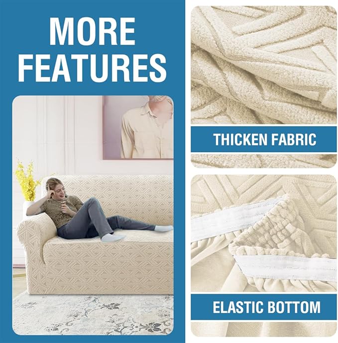 H.VERSAILTEX Jacquard Couch Covers for 3 Cushion Couch 1 Piece Stretch Sofa Covers Furniture Protector Anti-Slip Soft Thickened Dogs Slipcovers Washable Diamond Pattern(Sofa, Ivory)