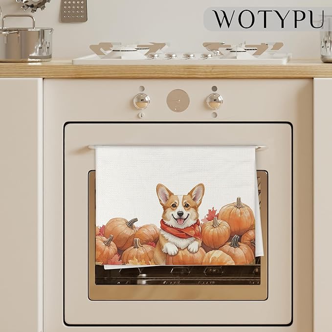 Fall Corgi Gift Kitchen Towels, Corgi Lover Gifts Dish Tea Towel for Kitchen Decor, Farmhouse Fall Autumn Maple Leaf Dog Hand Towels for Bathroom Decor,16X24 Inch
