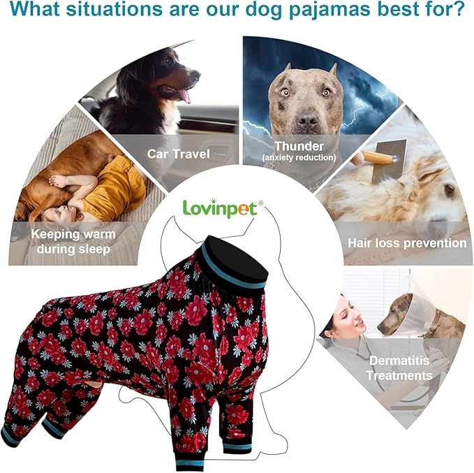 LovinPet Dog Pajamas Apparel for Medium Dogs - Large Dog Jammies, Floral Navy & Ruby Print, Pitbull Clothes, Lightweight Pullover Pet Pajamas, Pitbull Onesie, Large