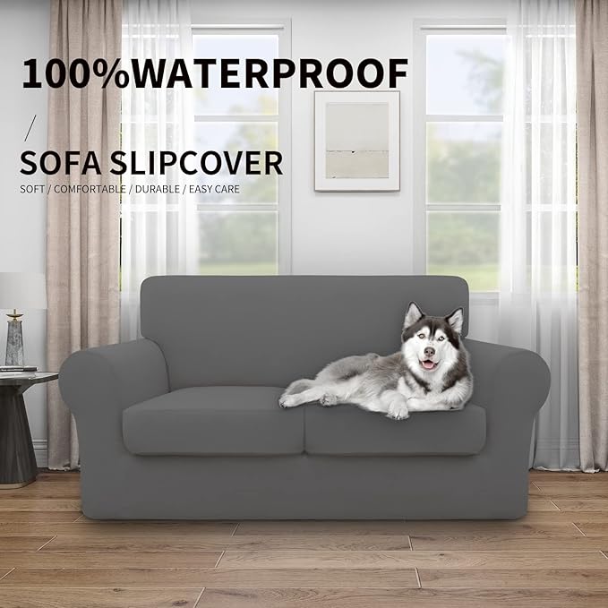 Easy-Going 100% Dual Waterproof 3 Pieces Loveseat Cover Stretch Soft Couch Cover for Dogs, Sofa Slipcover for 2 Separate Cushion Couch Leakproof Furniture Protector for Kids, Pets Gray