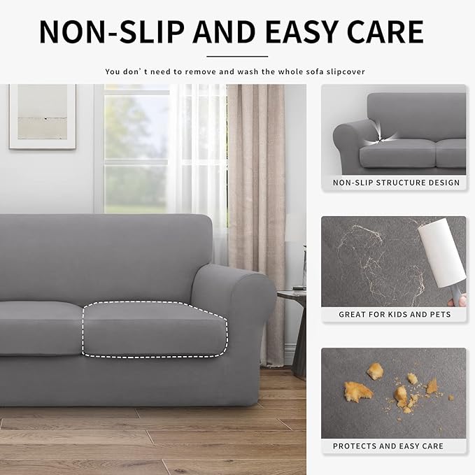Easy-Going 100% Dual Waterproof 3 Pieces Oversized Loveseat Cover Stretch Soft Couch Cover for Dogs, Sofa Slipcover for 2 Separate Cushion Couch Leakproof Furniture Protector for Kids, Pets Light Gray