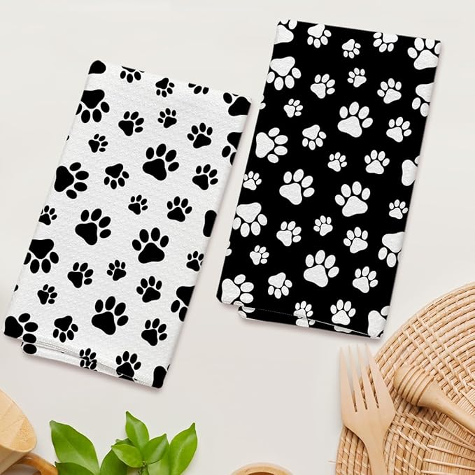 Black and White Dog Paw Print Kitchen Towels and Dishcloths Set of 2, Cute Decorative Hand Towel Drying Cloth for Bathroom, Gifts for Dog Lovers, Hostess, Women, 16x24 Inches -18