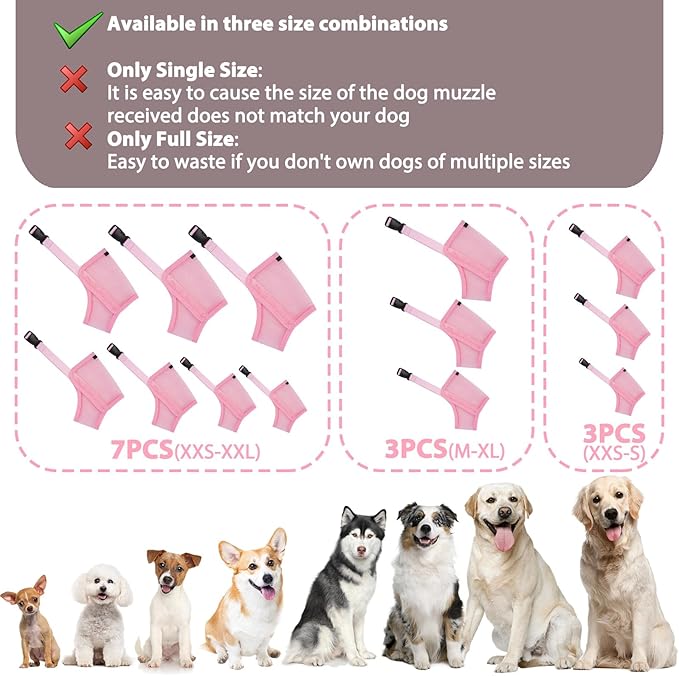 LUCKYPAW Dog Muzzle Suits for Small Medium Large Dogs, Mesh Muzzle Anti Biting Chewing, Breathable Mouth Cover Set with Adjustable Strap for Grooming Vet Visiting Training (Medium 3 PCS(M-XL), Pink)