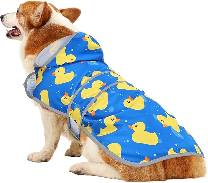 Dog Raincoat for Large Dogs Waterproof Jacket Hooded Rain Coats with Reflective Strips Leash Hole & Poncho Adjustable Fit (ShinyDuck,L)