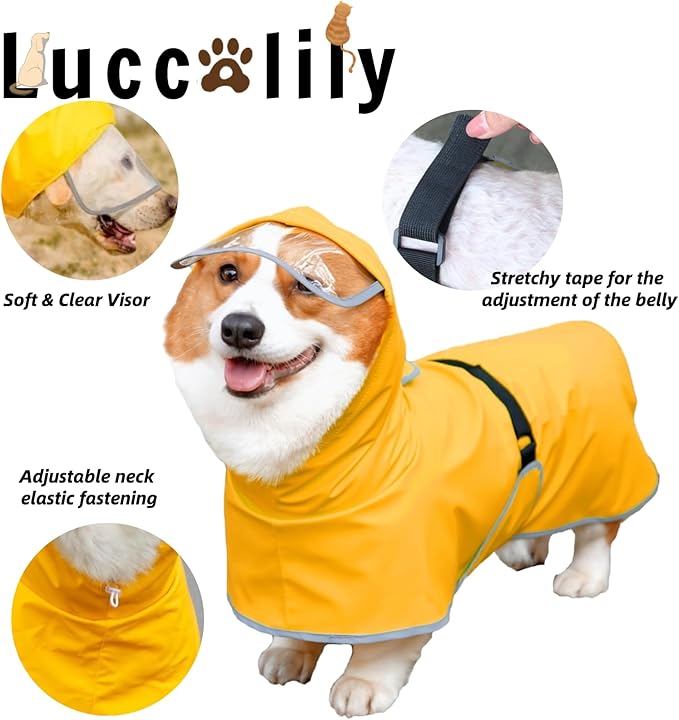 Dog Poncho Hooded Raincoat for Puppies & Small to Large Dogs, Reflective Strips for Night Safety, Lightweight & Adjustable Fit (Medium, Yellow)