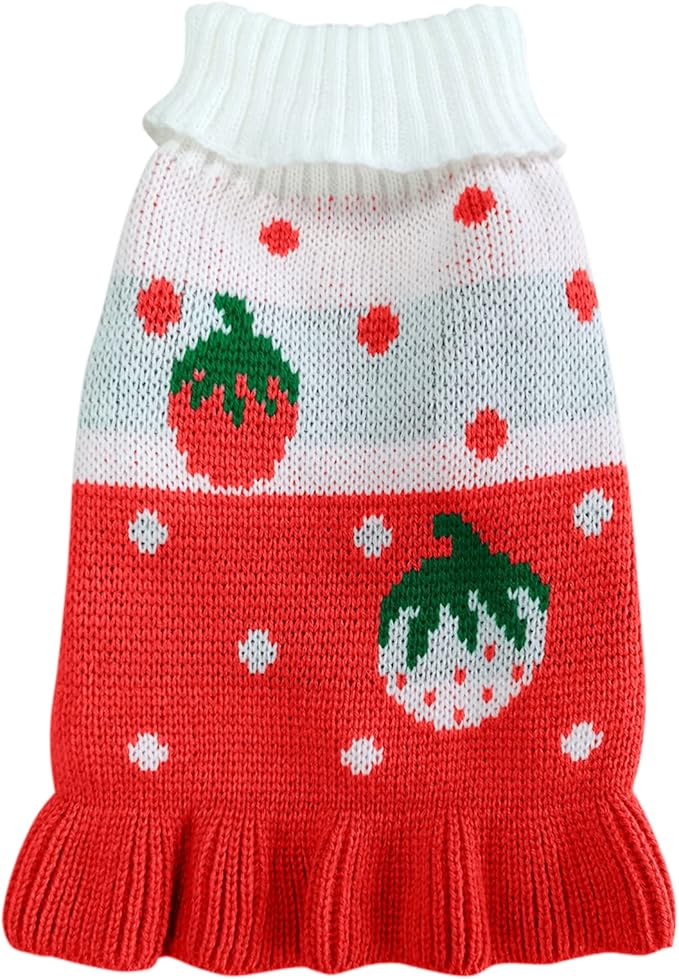 CHBORCHICEN Pet Dog Sweaters Classic Knitwear Turtleneck Winter Warm Puppy Clothing Cute Strawberry and Heart Doggie Sweater (S, Dress-Red1)