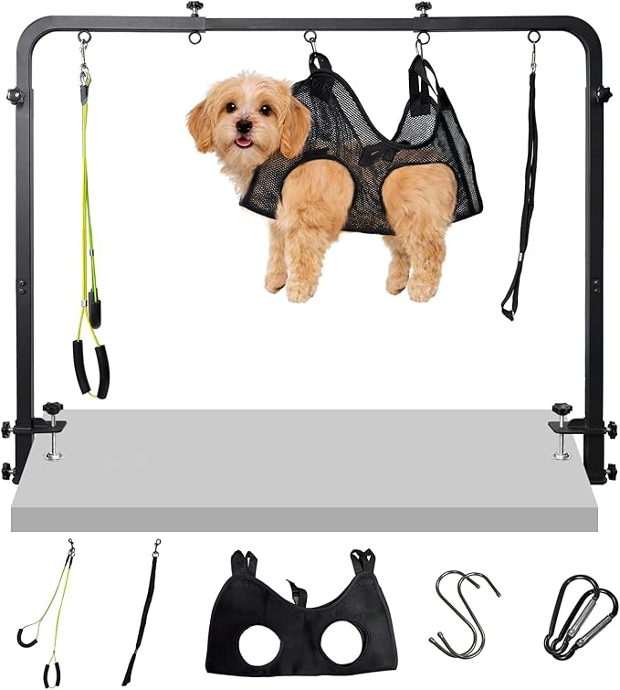 Adjustable Dog Grooming Stand for Table: 42" Height & 27"-39" Width, Includes Hammock & 2 No-Sit Nooses, Heavy-Duty Dog Grooming Arm for Bathing Nail Trimming Drying Cutting Cats & Dogs at Home