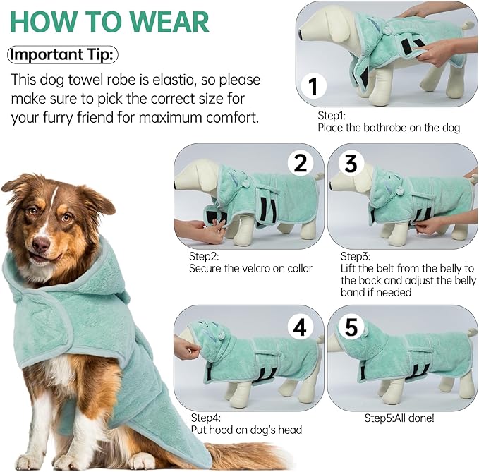 Bathrobe-Drying Coat, Microfibre Material Fast Drying Super Absorbent Towel, Magic Sticker & Belly Strap, Dog/Cat Robe Set for Puppy-Small to Large