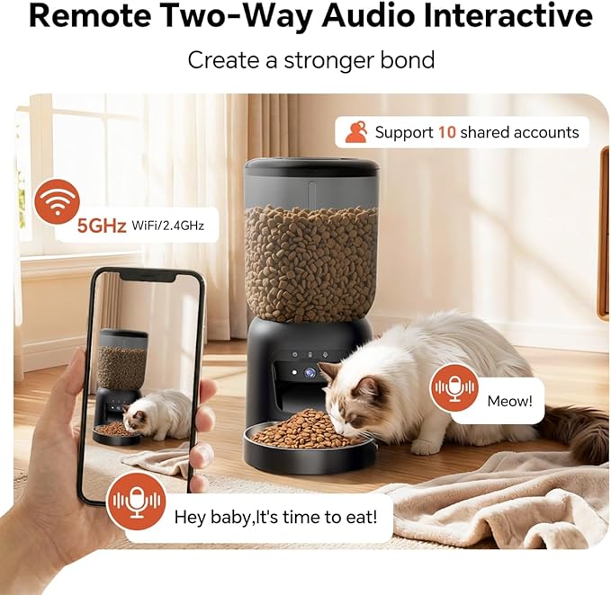 Automatic Cet Feeder with Camera, 5G/ 2.4GWiFi, 3K HD App Control - Smart Dog Cat Feeder, 2-Way Audio, Night Vision, Slow Feed, 6L Capacity, Battery Backup, Anti-Jam, Freshness Seal, Black