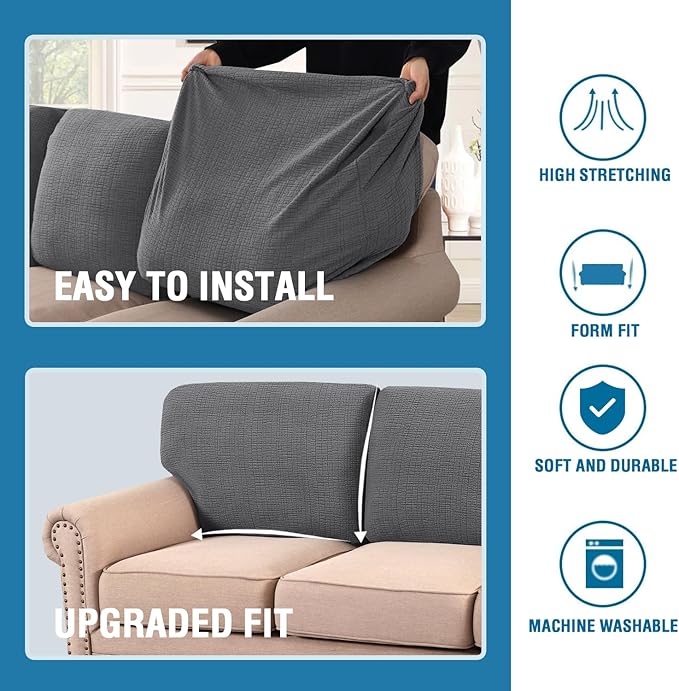 H.VERSAILTEX Jacquard Couch Cushion Covers High Stretch Sofa Covers for 3 Cushion Couch Furniture Protector Spandex Anti-Slip Soft Thickened Slipcovers Crizzle Pattern(3 Back Covers, Grey)