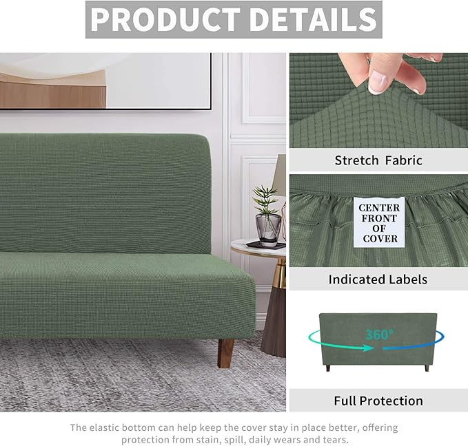 Easy-Going 100% Waterproof Futon Cover, Dual Waterproof Couch Cover for Futon, Stretch Jacquard Sofa Cover, Leakproof Furniture Protector for Kids, Pets, Dog and Cat (Medium, Grayish Green)