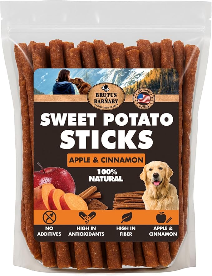 BRUTUS & BARNABY USA Sweet Potato Dog Treats - Crunchy Grain Free Cinnamon Apple Sticks, Promotes Positive Gut Health with Natural Anti-Diarrhea Properties (Cinnamon & Apple, 8 oz)