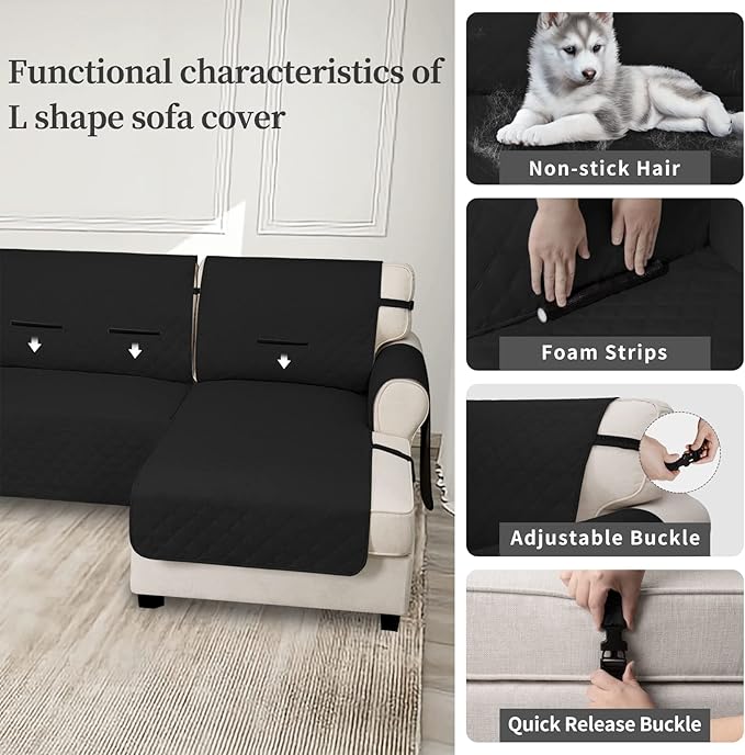 Easy-Going Waterproof Sectional Couch Covers with Chaise 2-Piece Non Slip L Shape Sofa Cover for Dogs Leakproof Furniture Protector Cover with Adjustable Strap for Pets (X-Large, Black)