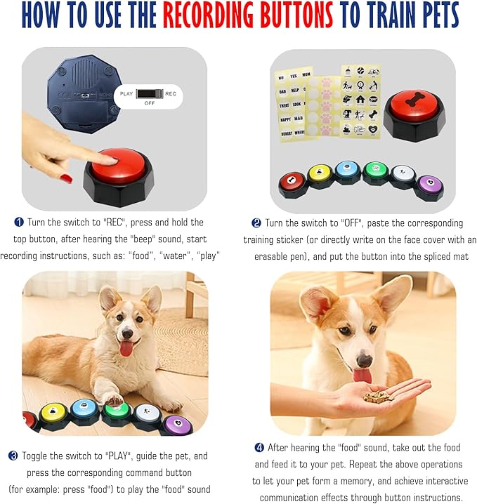 Recordable Buttons, Dog Training and Communication Buttons, Pack of 6, 30 Seconds Recording, 30 Scene 15 Custom Stickers, 6 Pairs Non-Slip Stickers, Sound Quality is Clearly (Batteries Included)