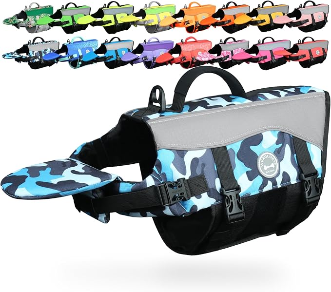VIVAGLORY Front Float Dog Life Vest, Dog Life Jacket for Swimming & Boating, Swimming Vest with Chin Float & Handle, Ripstop & Buoyancy for Puppy Doggy, S, Camo Blue