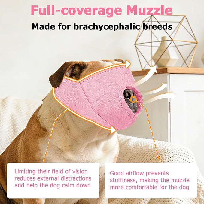 BARKLESS French Bulldog Calming Muzzle – Short Snout Eye-Shading Cover for Grooming & Vet Visits, Soft Breathable Dog Muzzle to Help Reduce Biting (Pink, M)