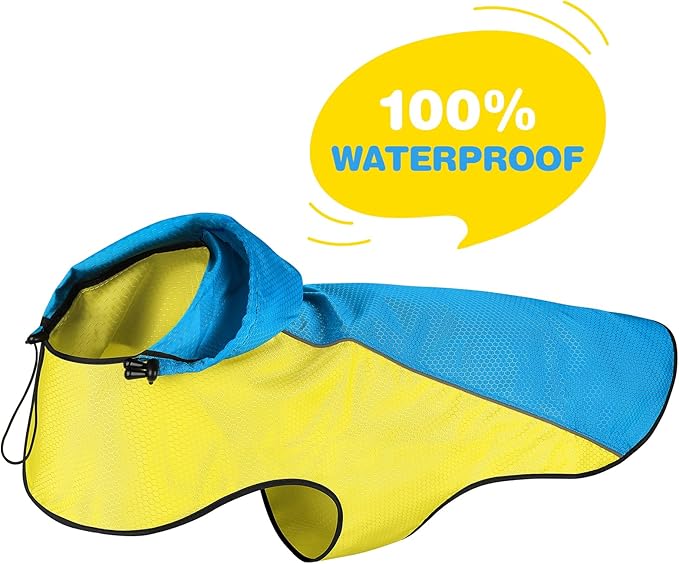 Dog Rain Jackets for Large Dogs, Lightweight Reflective Safety Pet Rain Coats, Waterproof Dog Raincoats with Hood/Leash Hole/Reflective Strip - Yellow + Blue, L