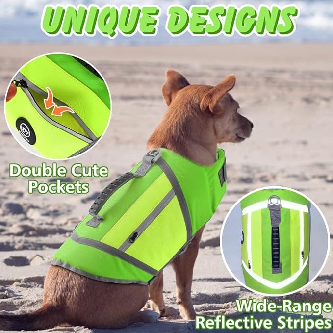 EMUST Dog Life Jackets, Durable Dog Life Jackets for Swimming, Boating with High Visibility, Stylish Dog Swimsuit with D-Ring for Dog Leash for Swimming, Boating, Kayaking, Green, XL