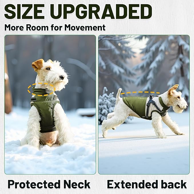 Dog Winter Coat for Small & Medium Dogs, Waterproof Dog Coat with Harness, Puppies Windproof Puppy Puffer Jacket, Snowsuit for Dachshund, Frenchie, Corgi (Classic Green,2XL)