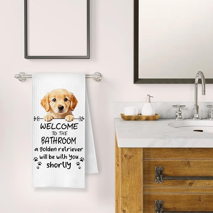 Funny Golden Retriever Dog Bathroom Hand Towels, Gifts for Golden Retriever Lovers, Welcome to The Bathroom Decorative Hand Towels for Bath Room Toilet Washroom Restroom, 16x24 Inch