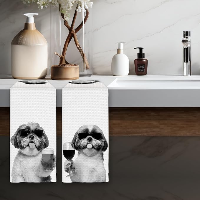 Shih Tzu Gifts Wine Kitchen Towels Set of 2, Gifts for Shih Tzu Dog Wine Lovers Decorative Hand Dish Towel for Kitchen Home Bar, Funny Shihtzu Beer Lover Home Bar Cart Decor(16x24 Inch)