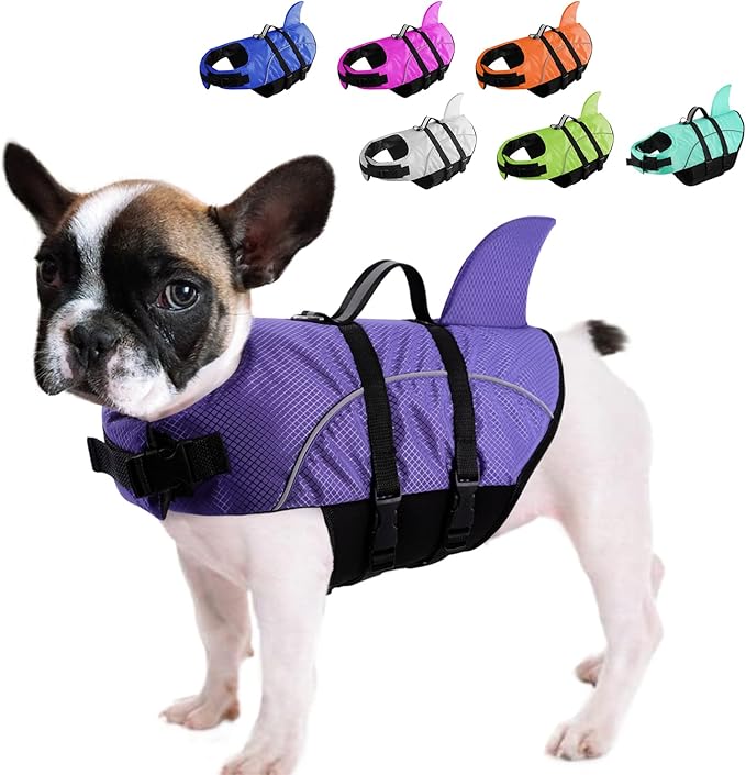 Queenmore Small Dog Shark Life Jacket,Dog Life Vest for Swimming Boating Kayaking,High Buoyancy Puppy Dog Life Preserver,Reflective Light Dog Lifesaver with Strong Rescue Handle (Purple,M)