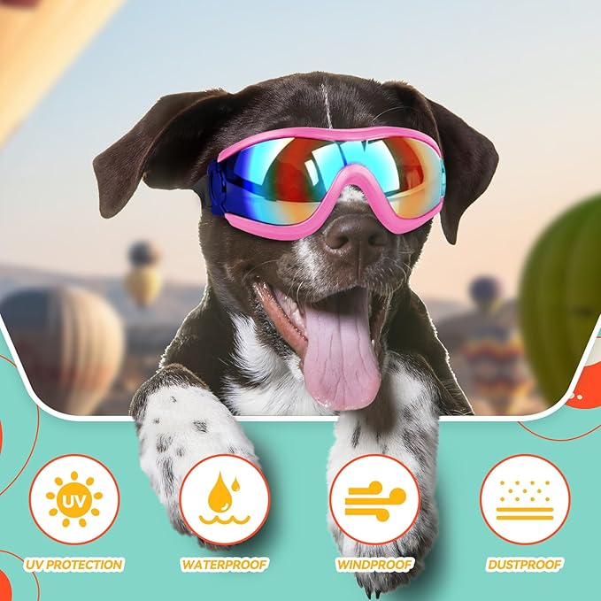 Dog Goggles for Large Breed, Dog Sunglasses Medium Dogs, UV Protection Dustproof Doggy Goggles with Adjustable Straps, Pet Glasses for Medium to Large Breed, Pink