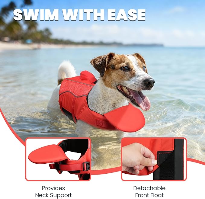 VIVAGLORY Front Float Dog Life Vest, Dog Life Jacket for Swimming & Boating, Swimming Vest with Chin Float & Handle, Ripstop & Buoyancy for Puppy Doggy, XS, Red