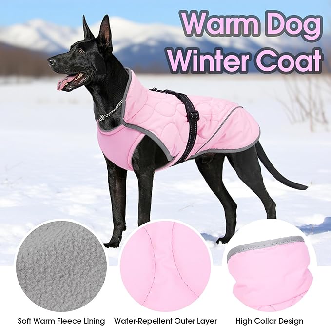 IDOMIK Dog Winter Jacket, Adjustable Waterproof Dog Warm Coat with Fleece Lining, Turtleneck Windproof Cold Weather Coats for Winter, Reflective Warm Snow Jacket for Border Collie Husky,Pink,L