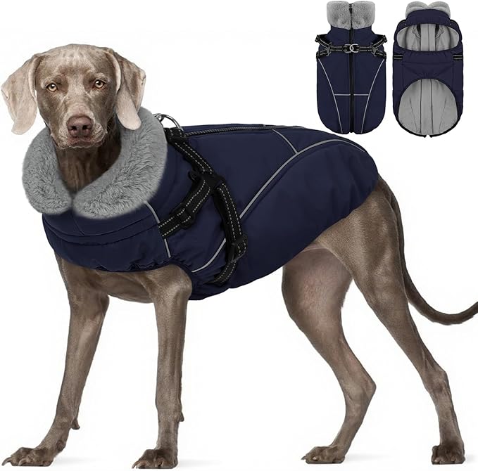XXL Dog Winter Coat, Dog Puffer Jacket with Harness Built in, Pet Windproof Cold Weather Vest with Zipper Dogs Snowsuit,Dark Blue 2XL