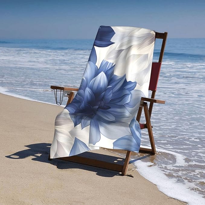 Blue Floral Beach Towel Dahlia Flower Sand-Free Microfiber Bath Towel Ultra Soft Quick Dry Pool Towel Absorbent Towel Lightweight Towel Gifts for Outdoor Bathroom Swimming Decor 31inx51in