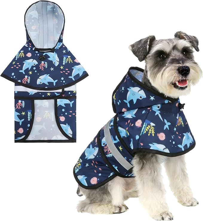 KOOLTAIL Dog Raincoat Hooded Slicker Poncho with Leash Hole, Dog Raincoat for Small Medium Dogs,Waterproof Plush Fleece Lining Pet Rain Jacket with Reflective Adjustable Strip Puppy Rainwear Shark M