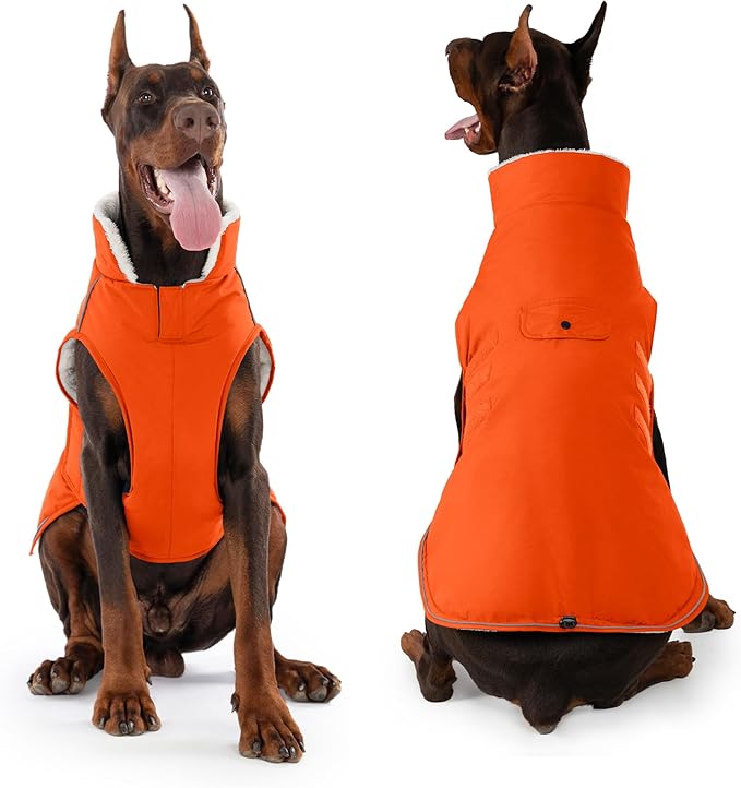 Mklhgty Extra Warm Dog Coat, Waterproof Dog Winter Jacket with Leash Portal, Fleece Reflective Pet Snow Vest for Small Medium Large Dogs - Orange - XL