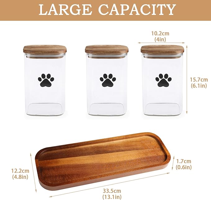 Morezi Dog Treat Container airtight Treats jar for countertop Closet Dog Food Storage 3 Jars with Tray Great for organizing pet Dogs Cats Birds Animal Food Treats Snack Khaki Bar