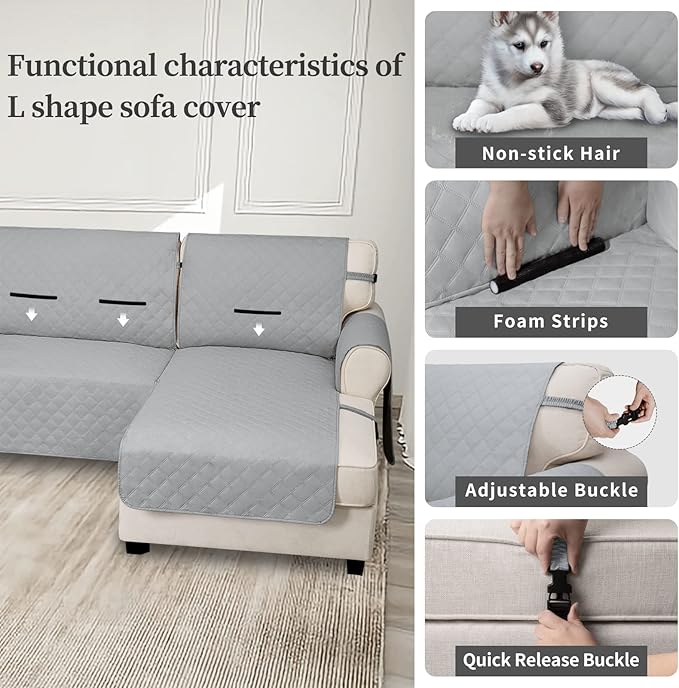 Easy-Going Waterproof Sectional Couch Covers with Chaise 2-Piece Non Slip L Shape Sofa Cover for Dogs Leakproof Furniture Protector Cover with Adjustable Strap for Pets (Small, Light Gray)