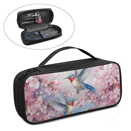Gomyblomy Stethoscope Carrying Case Fit for Most Stethoscopes, Hummingbird Cherry Blossom Print Stethoscope Holder Large Stethoscope Bag with Extra Room for Nurse Accessories