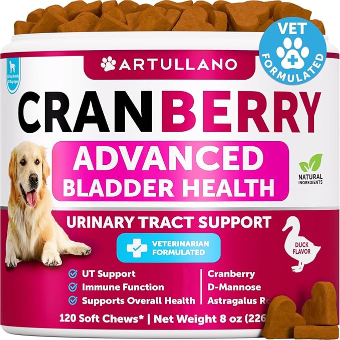 Dog UT Treatment - Cranberry Chews for Dogs - Urinary Tract & Bladder Support Supplement with Natural Cranberry Extract - Tasty 120 Soft Bites for Daily Wellness with Fish Oil, Pumpkin, D-Mannose