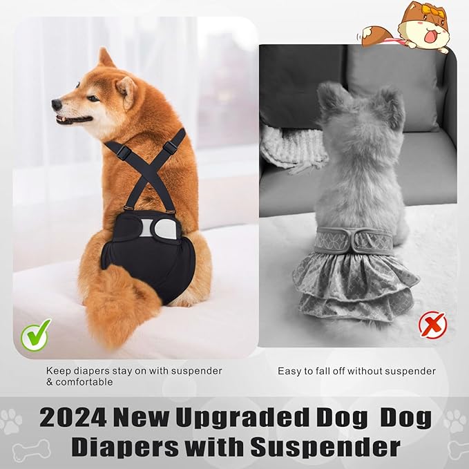 Idepet Female Dog Diapers with Suspender Detachable, 3 Pack Washable Reusable Girl Doggie Diapers for Small Medium Female Dog in Heat Period Cycle Urinary Incontinence Training M