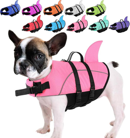 Queenmore Small Dog Life Jacket,Shark Dog Life Vest for Swimming,Puppy Light Life Preserver for Boating Kayaking Canoeing,Pet Reflective Lifesaver with High Buoyancy,Rescue Handle,Leash Hook (Pink,M)