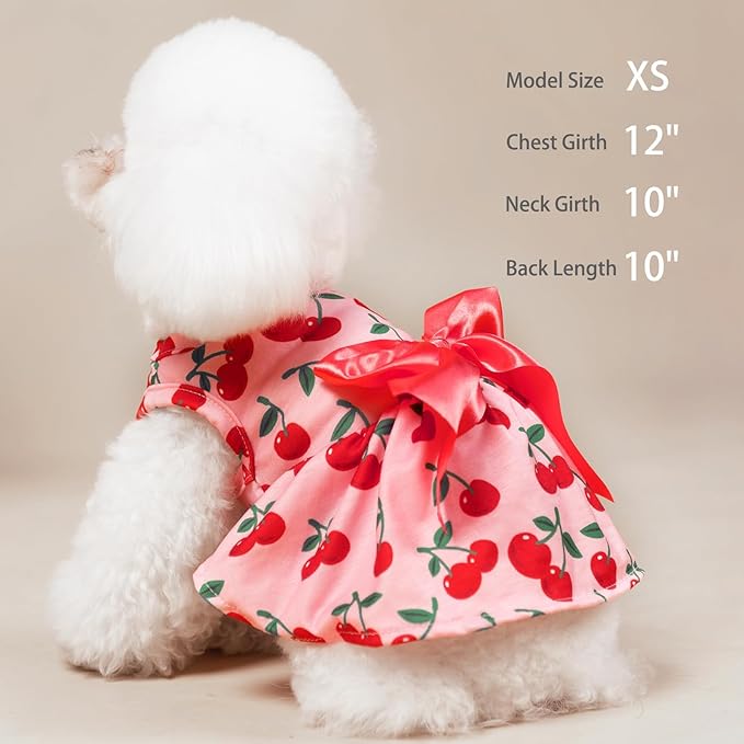 PUPTECK Print Dog Dress Pet Apparel with Cute Bowtie Puppy Clothes Outfit, Cherry, L
