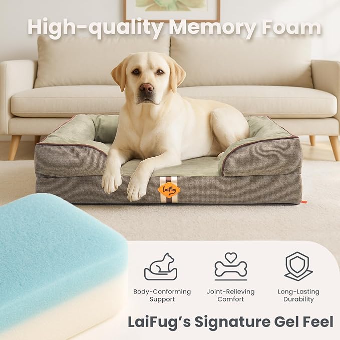 Laifug Large Orthopedic Premium Memory Foam Dog Bed, Dog Sofa with Washable and Removable Suede Cover, Waterproof Liner and Non-Slip Bottom Grey, Olive Green(40''x32''x9'')