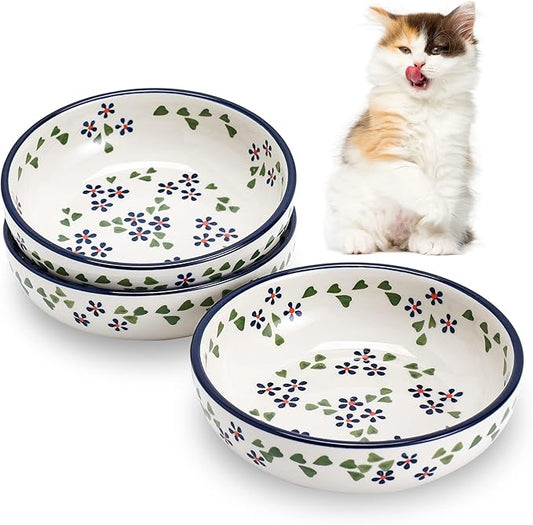 Ceramic Cat Bowls, Howise 5.3 in Cat Food Bowl, Cat Dishes for Food and Water, 3 Pack Shallow Pet Bowls for Indoor Cats, Floral Blue