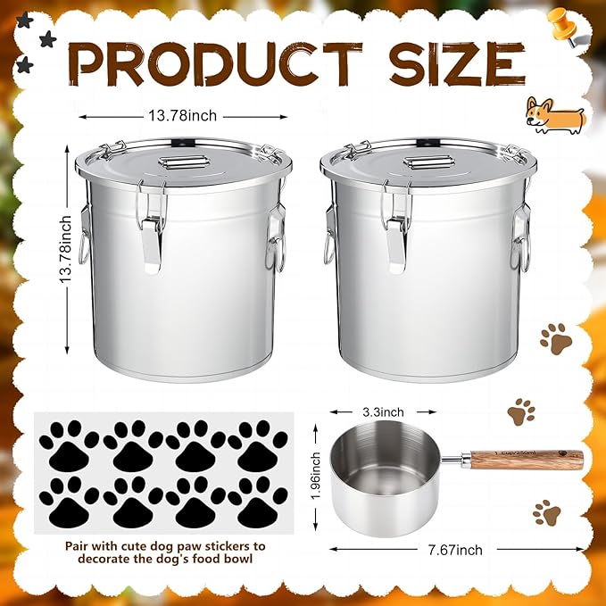 Lounsweer 2 Pack 8.9 Gal Stainless Steel Dog Food Storage Container with Lid and Locking Clamp 33 L Metal Airtight Container Large Stainless Steel Bucket with Food Scoop for Pet Feed