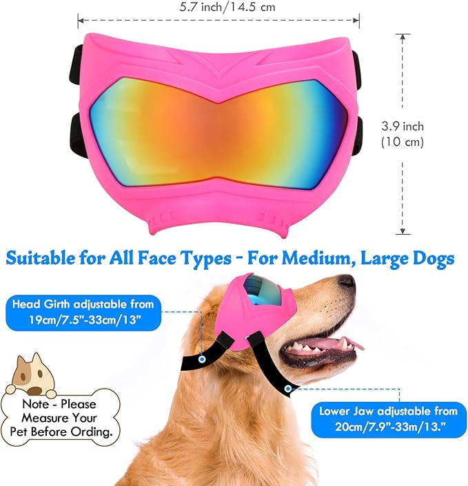 Large Dog Sunglasses Dog Goggles Pet Glasses Pet Eyewear with Adjustable Strap, Glasses for Medium Large Dog Swimming Skating Glasses Windproof Dustproof UV Proof (Pink-Colorful)