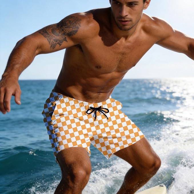 Mens Swim Trunks with Compression Liner Quick Dry Zipper Pocket Bathing