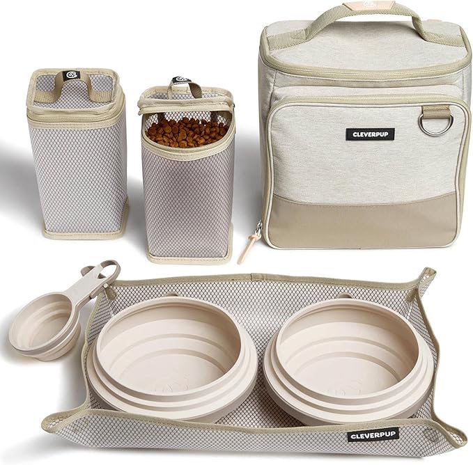 Cleverpup, Large 7-Piece Bistro Box Dog Food Travel Kit, 12-Cup Kibble Storage, 2 Silicone Bowls, Mat & Scoop - Premium Portable Pet Food Kit for Weekends, Overnights, Daycare & Camping, Sand