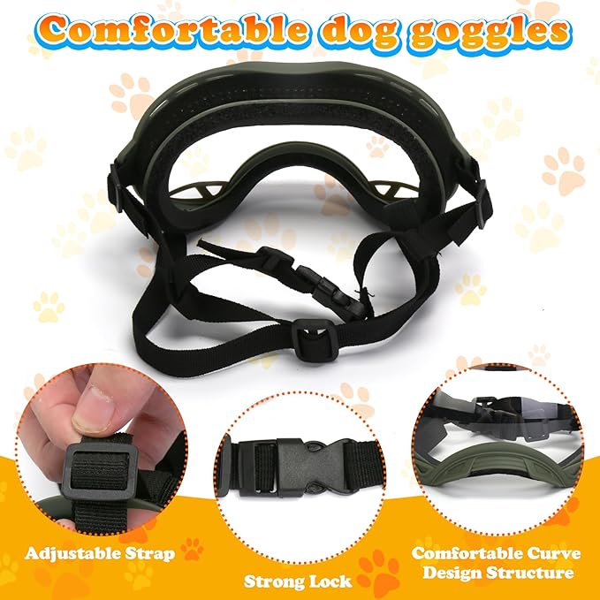 Dog Goggles for Large Dogs, UV Protection Dog Sunglasses, Adjustable Strap, Windproof、Dustproof、Anti-Fog Eye Protection Sunglasses for Large and Medium Dogs (Olive Green Frame)