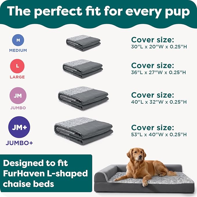 Furhaven Replacement Dog Bed Cover Two-Tone Faux Fur & Suede L Shaped Chaise, Machine Washable - Stone Gray, Jumbo (X-Large)